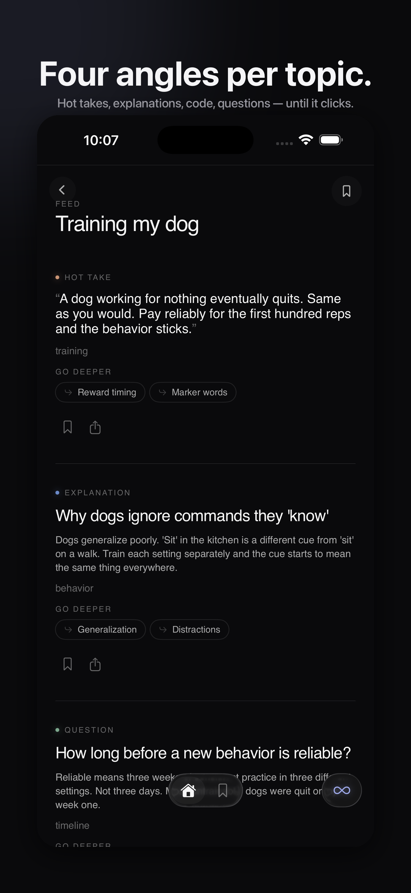 Feed — four angles per topic
